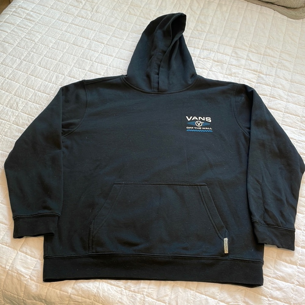 Vans logo hoodie in black. Kids size XL. 60/40 cotton/poly. Like new condition.